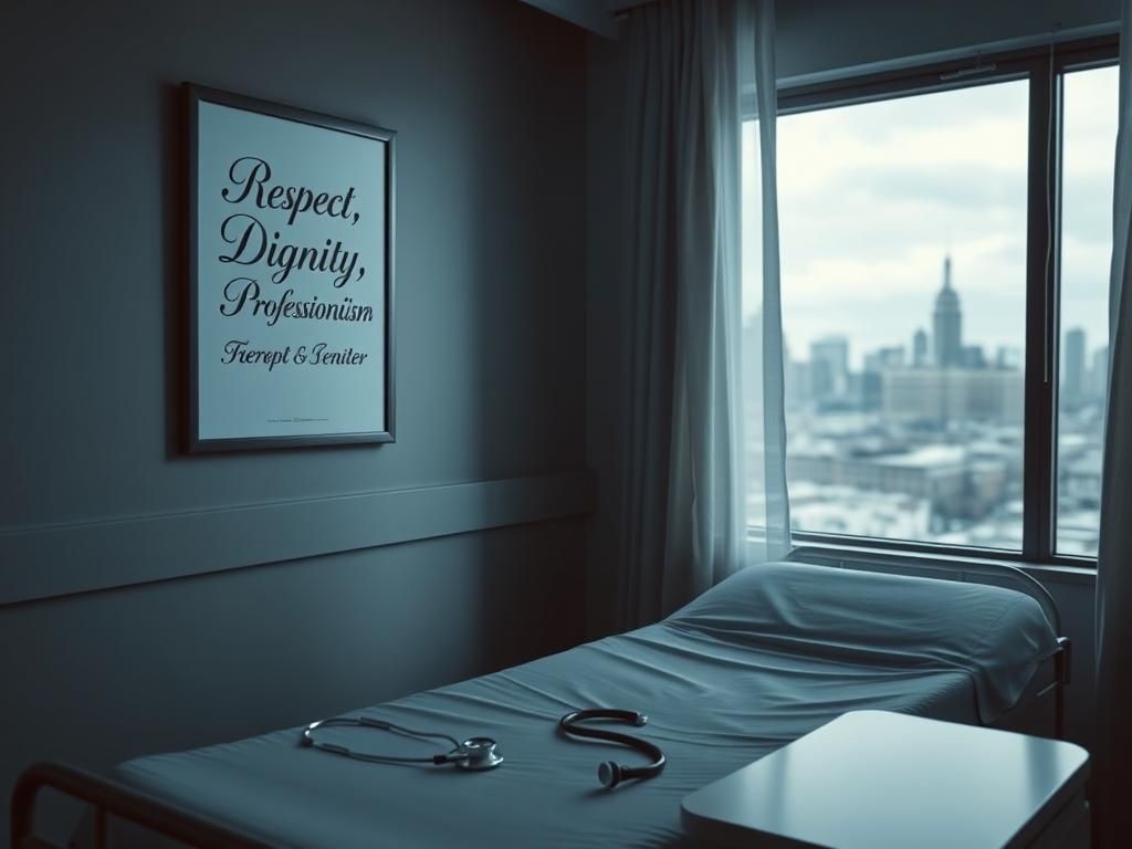 Flick International Dimly lit hospital room with empty gurney and stethoscope