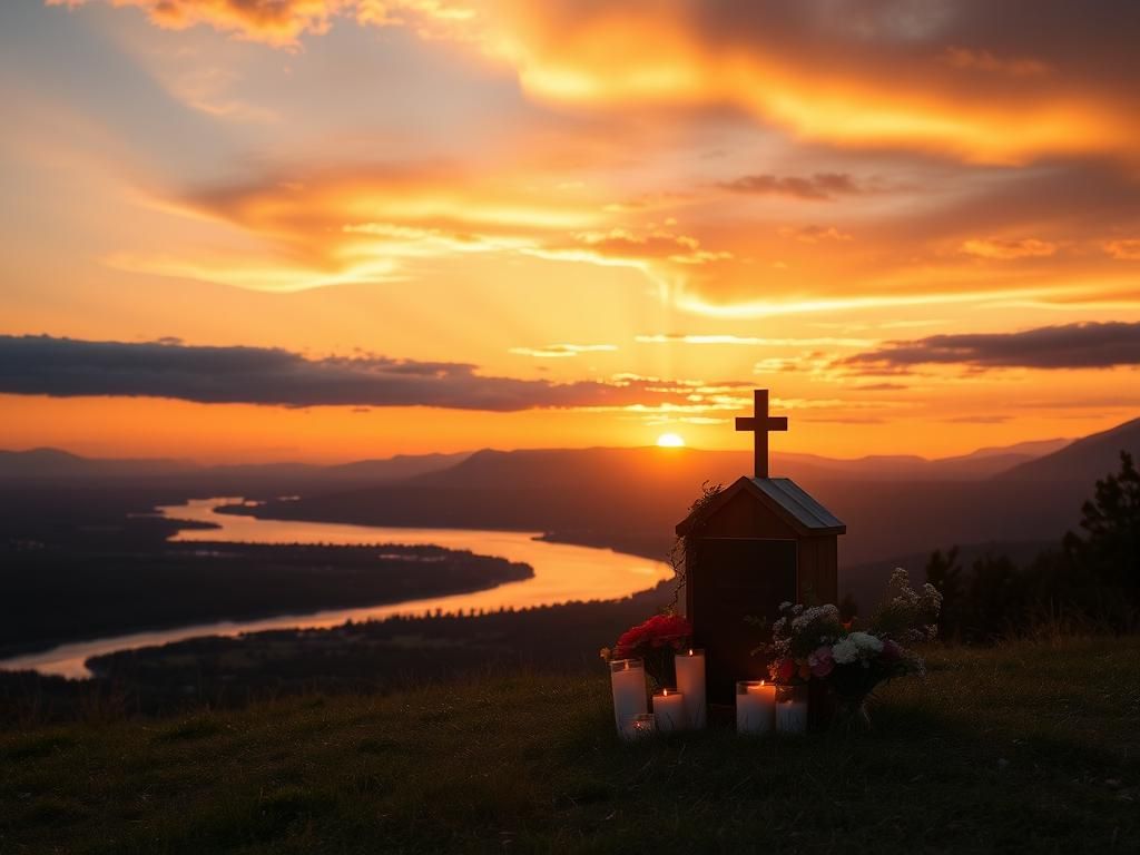 Flick International A serene memorial scene featuring a wooden monument adorned with flowers and candles against a tranquil sunset.