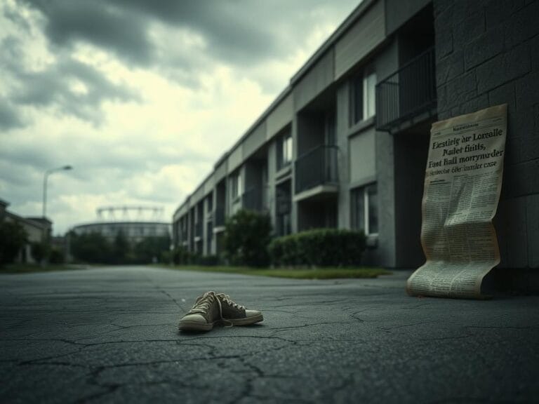 Flick International An empty, weathered apartment complex in Louisville with worn-out sneakers symbolizing unresolved events