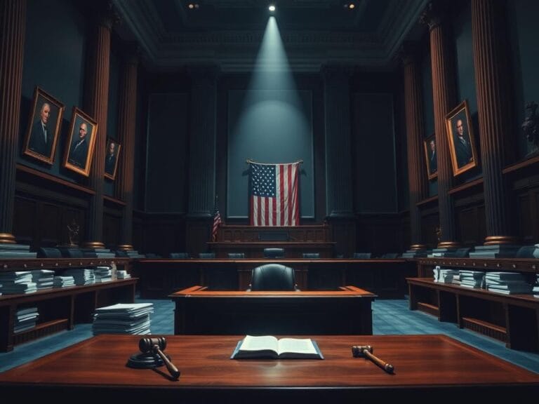 Flick International A dramatic courtroom scene showcasing an empty grand chamber with a large wooden desk surrounded by legal documents.