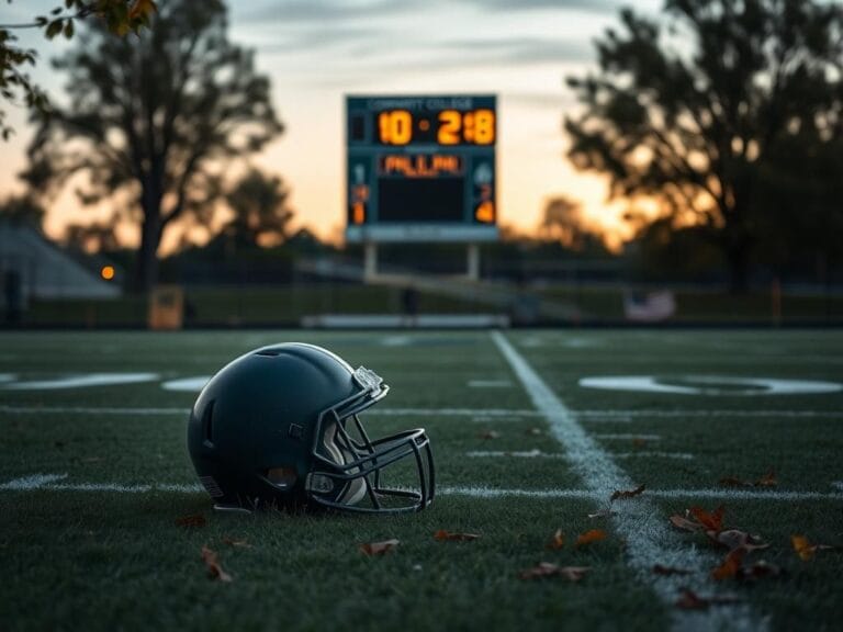 Flick International Empty football helmet resting on a community college field at dusk, symbolizing the passage of time and fragility of life