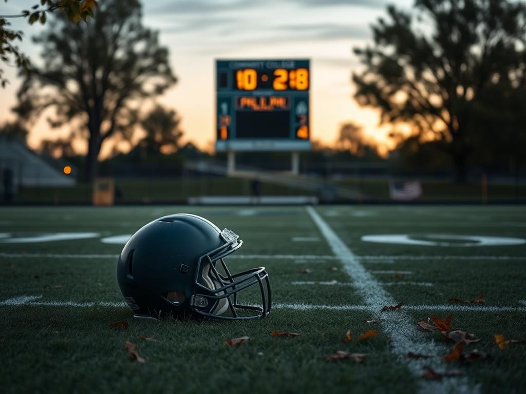 Flick International Empty football helmet resting on a community college field at dusk, symbolizing the passage of time and fragility of life