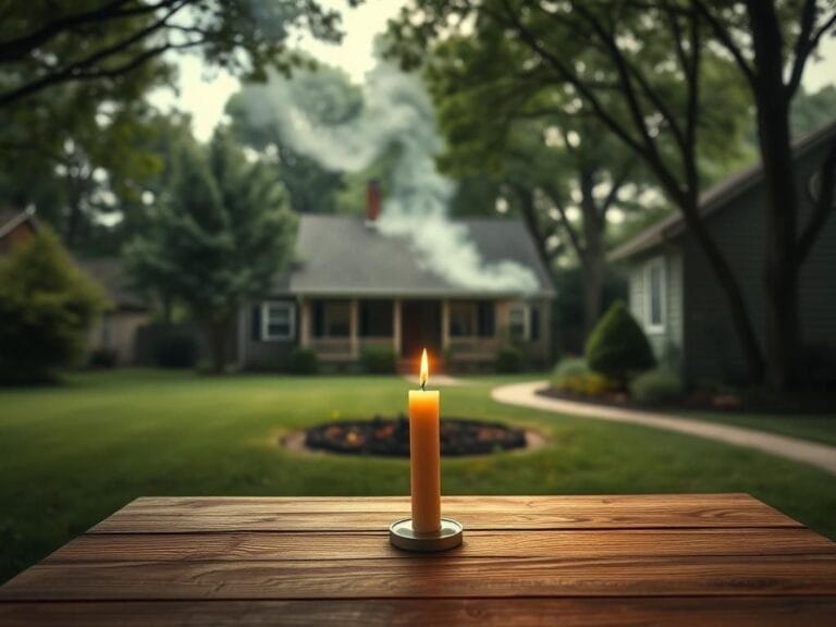 Flick International Serene suburban home with faint smoke and a candle symbolizing remembrance