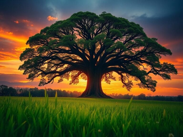 Flick International A large, sprawling tree symbolizes strength and resilience against a dramatic sunset backdrop.