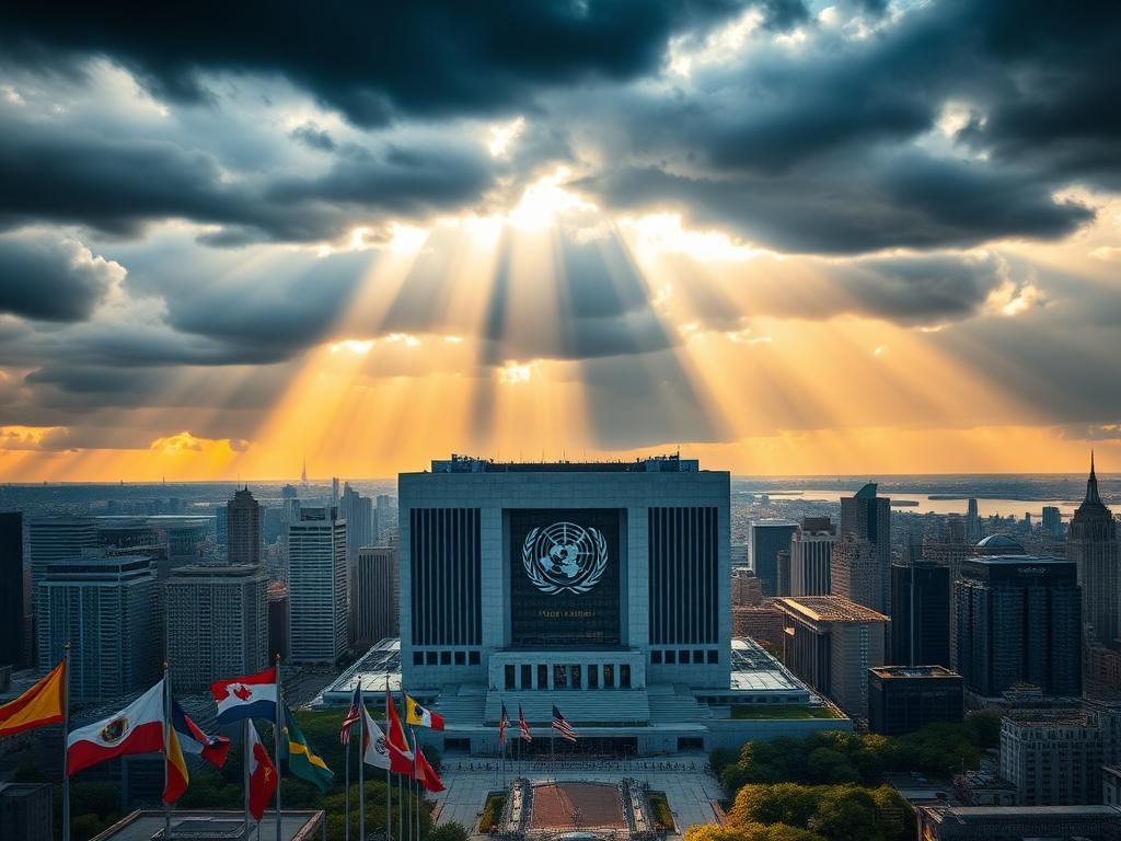 Flick International Aerial view of the United Nations headquarters in New York City under a cloudy sky with sunlight breaking through