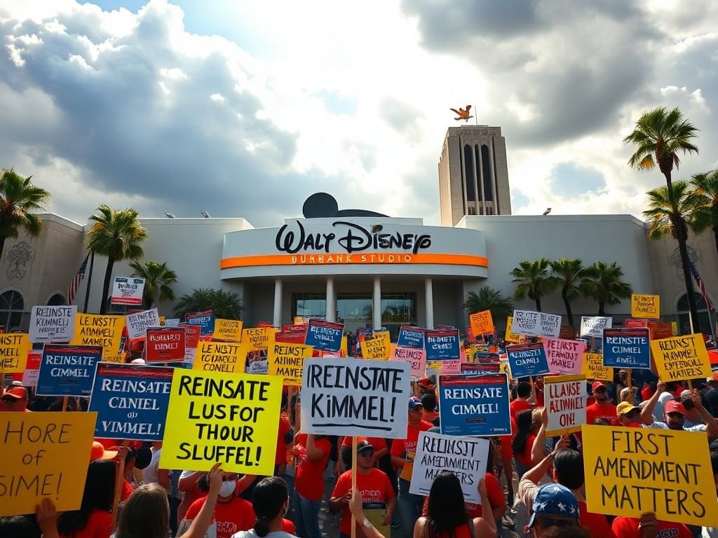 Flick International Protesters rally outside Walt Disney Studios holding colorful signs advocating for freedom of speech