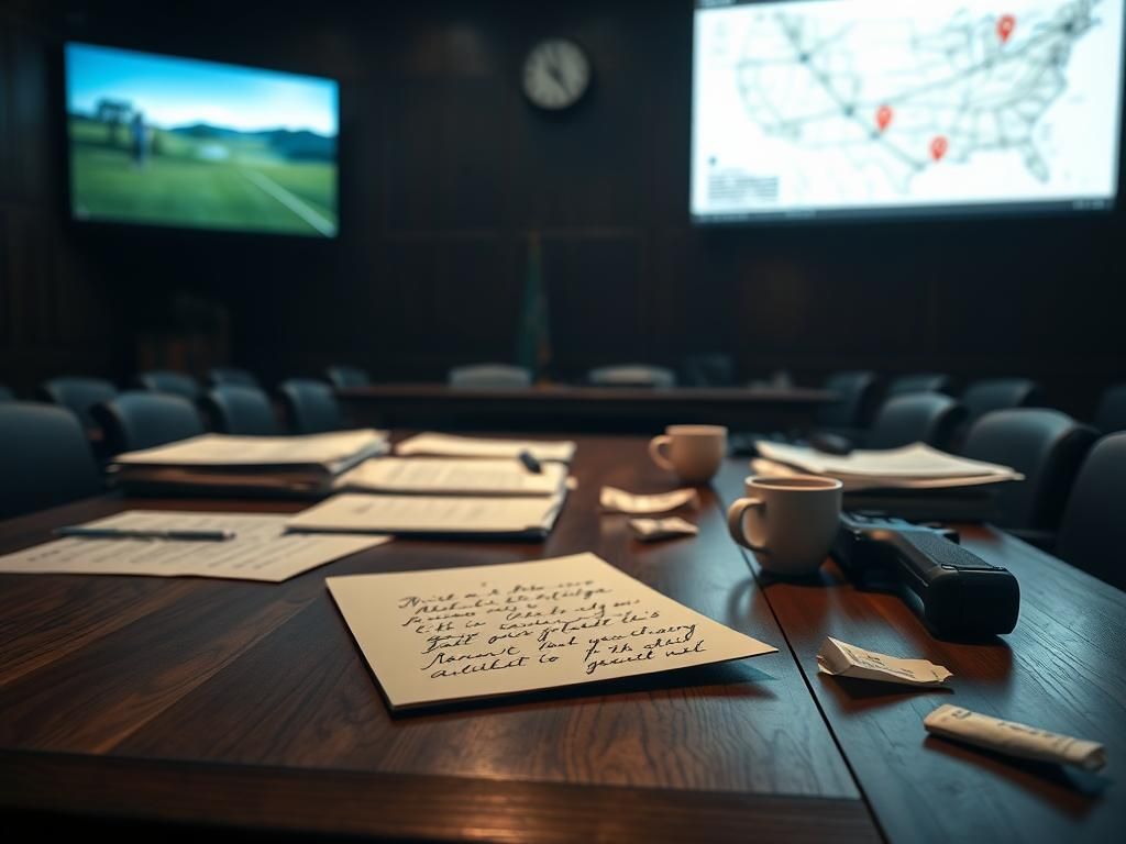 Flick International Dimly lit courtroom scene with documents, a handwritten note, a golf course, and a gun in the background.