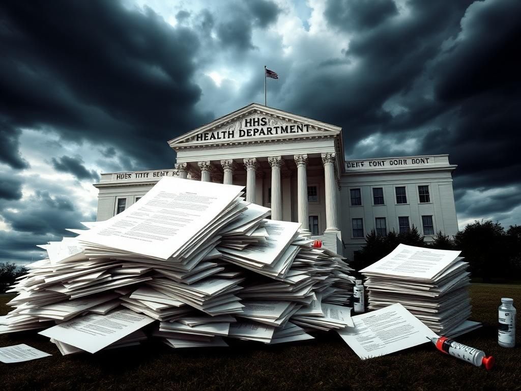 Flick International Conceptual representation of a government health department building with a stormy sky and petitions