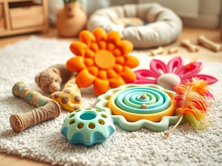 Flick International A variety of colorful pet toys arranged on a soft rug, including a tough chew toy, a lick mat, a puzzle feeder, a snuffle mat in the shape of a flower, and a plush feather teaser.
