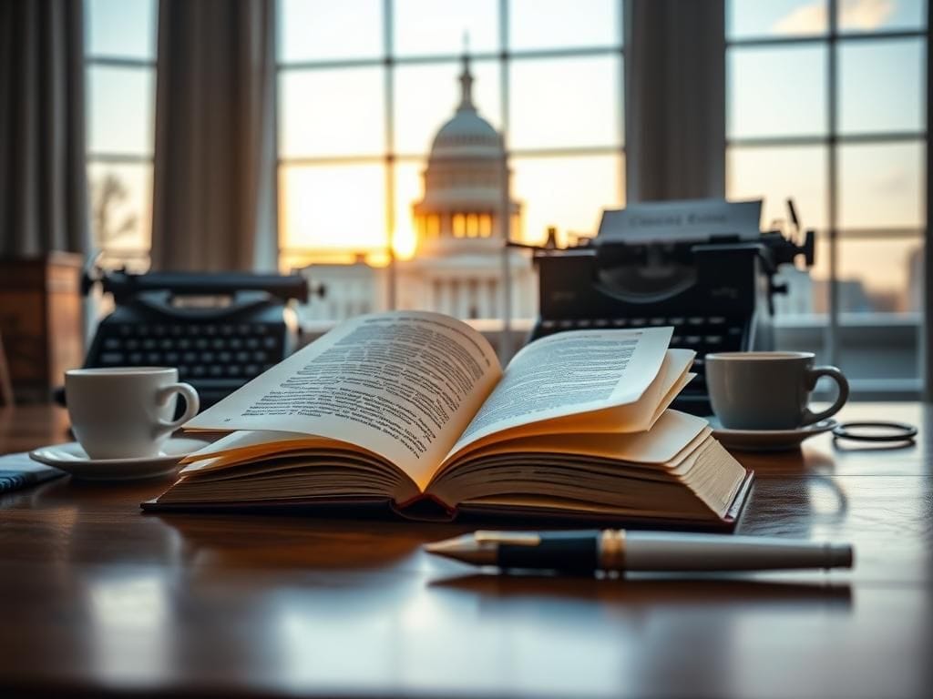 Flick International An open book on a polished wooden table with pages flipping in the breeze, surrounded by a vintage typewriter, cup of coffee, and fountain pen, with the Capitol building in the blurred background.