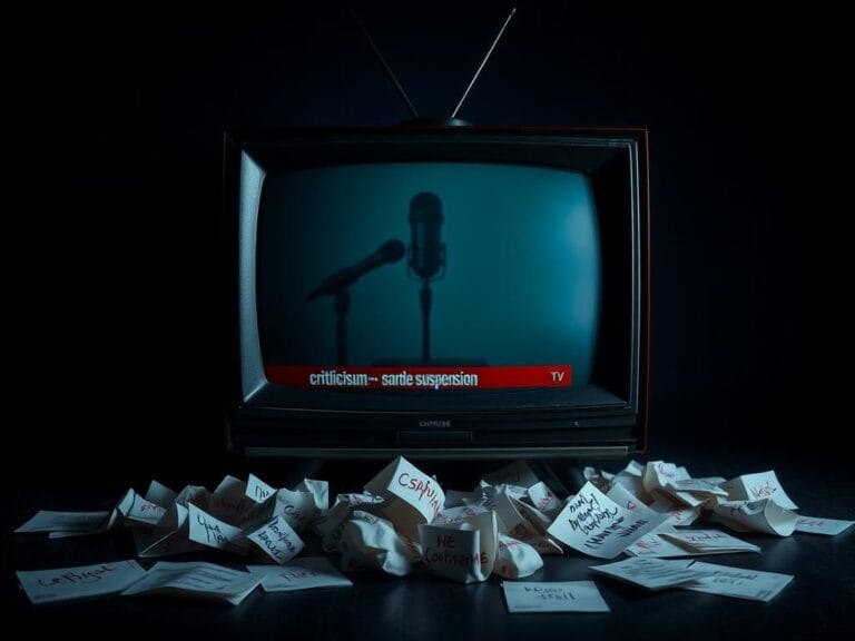 Flick International Vintage television set in a dark studio with dramatic lighting and crumpled notes around it