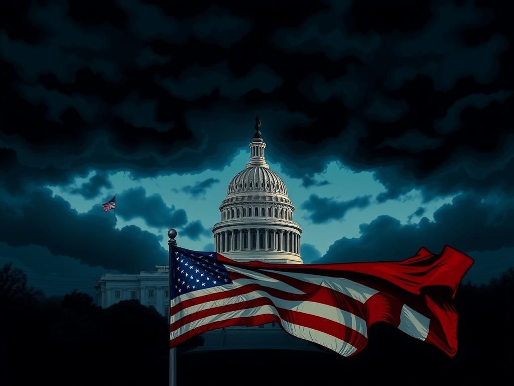 Flick International Dramatic representation of the U.S. Capitol at dusk with dark storm clouds and an American flag