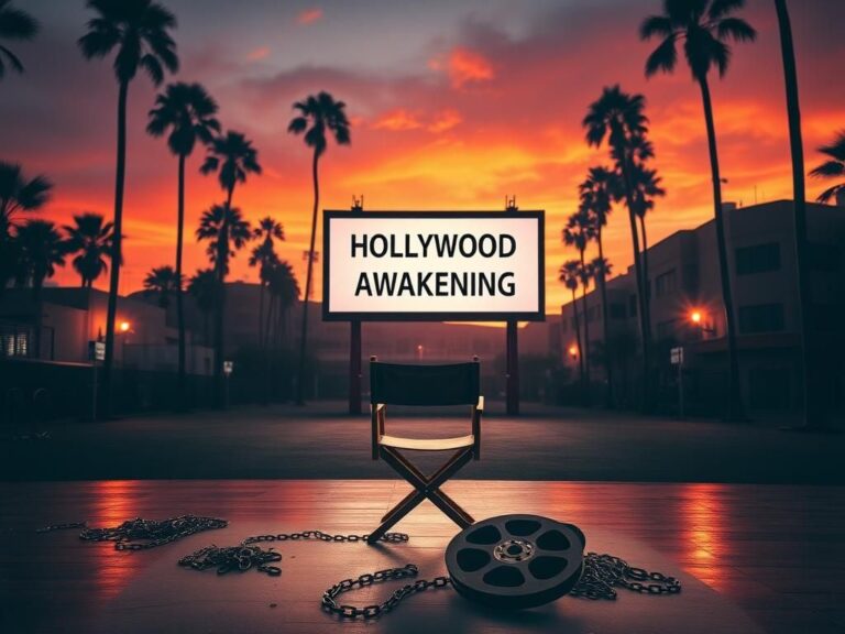 Flick International Dramatic Hollywood film set during twilight with empty movie studio lot and vintage director's chair