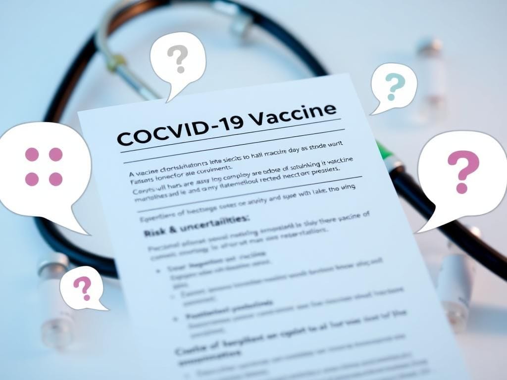 Flick International Close-up of a COVID-19 Vaccine Information sheet with highlighted risk sections