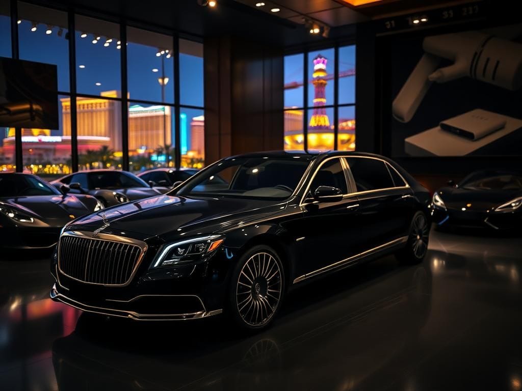 Flick International A luxurious Maybach Landaulet displayed in a Las Vegas supercar dealership