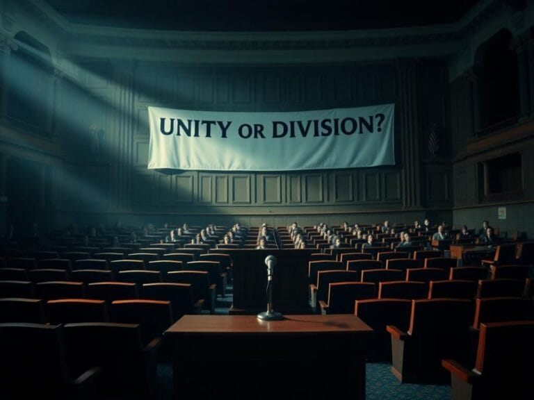 Flick International A dramatic congressional chamber scene with an empty podium symbolizing political debate and dissent.