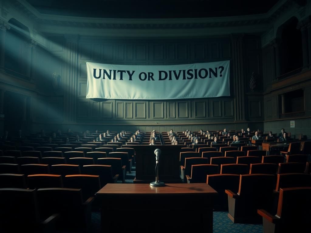 Flick International A dramatic congressional chamber scene with an empty podium symbolizing political debate and dissent.