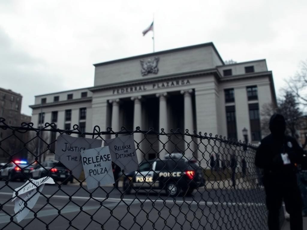 Flick International A stark view of the Federal Plaza in New York City under a cloudy sky, featuring a chain-link fence and protest signs.