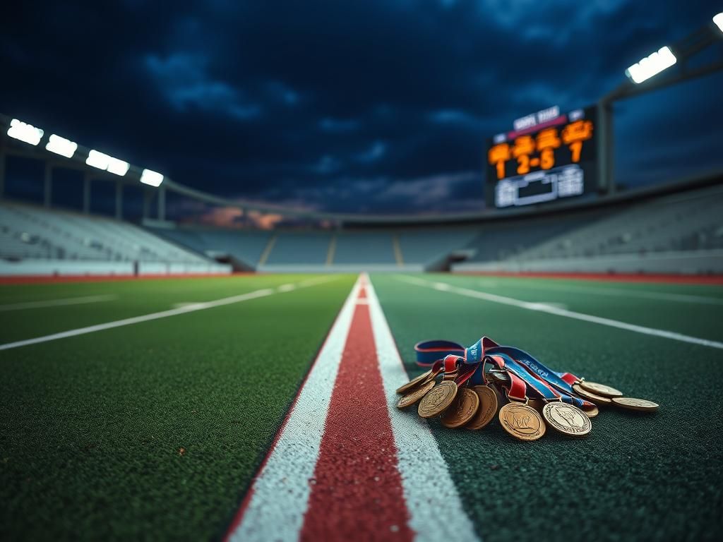 Flick International Dramatic outdoor sports stadium under twilight sky with starting line and scattered historical medals representing female athletes' achievements