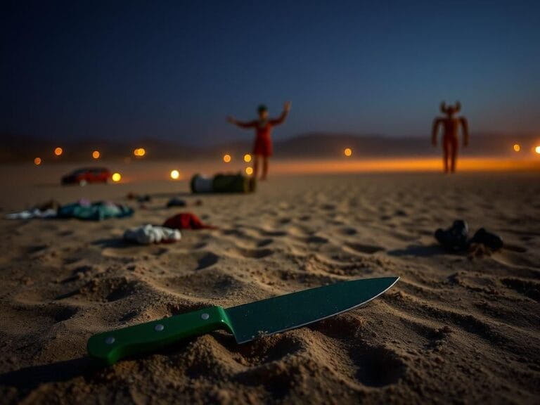 Flick International Replica green kitchen knife resting ominously in the Black Rock Desert sand, symbolizing the tragic event at Burning Man festival.