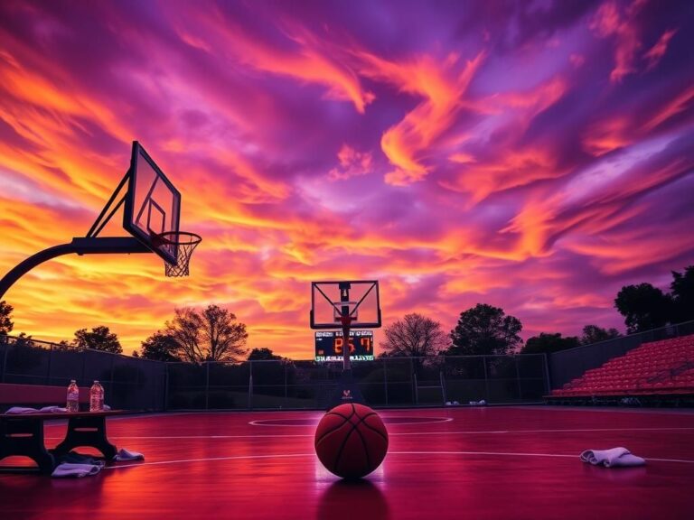 Flick International Dynamic basketball court scene at dusk during a competitive game.