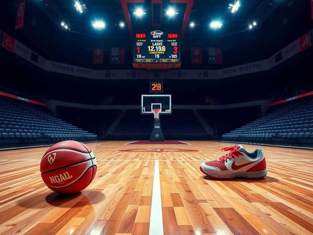 Flick International Dynamic basketball court scene with bright lights and scoreboard