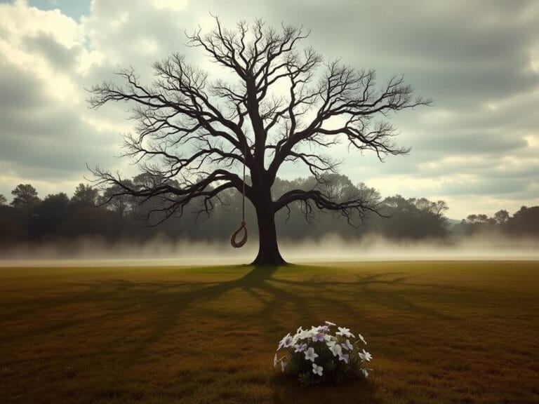 Flick International A lone tree in a serene park with a rope hanging from its branch, symbolizing tragedy and mystery.
