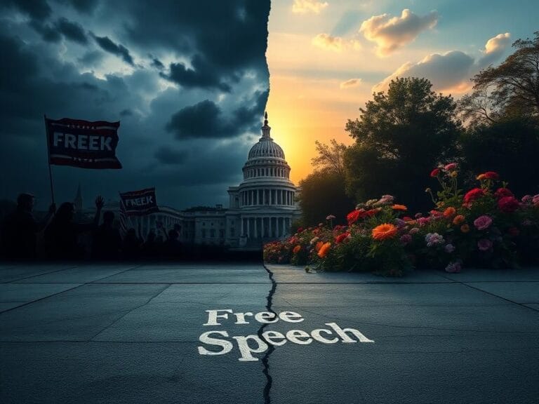 Flick International A split scene illustrating political division in America with contrasting themes of chaos and hope