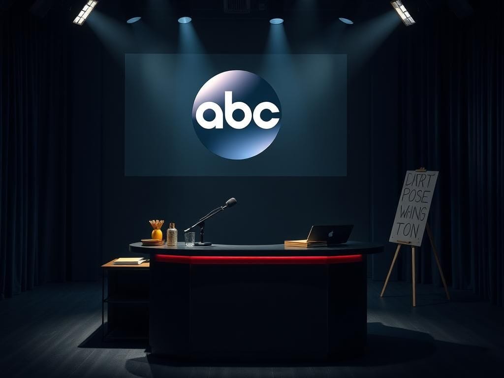 Flick International Dimly lit television studio set with an empty late-night talk show desk and microphone