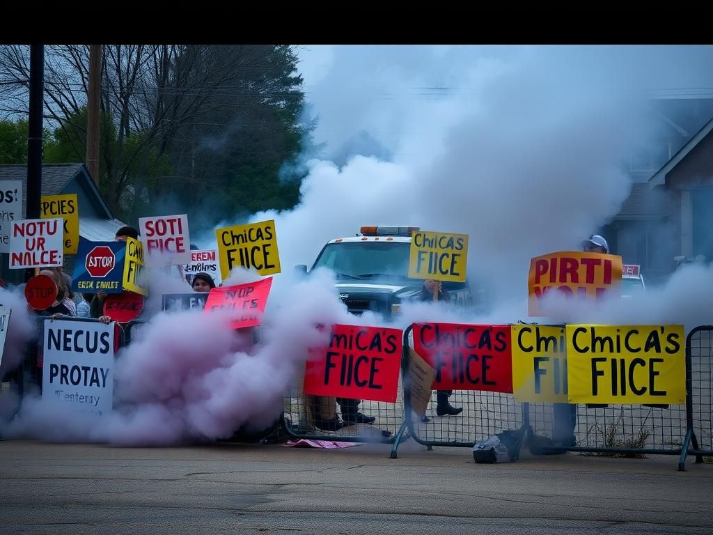 Flick International Chaotic anti-ICE protest scene in suburban Chicago with colorful protest signs and smoke from tear gas