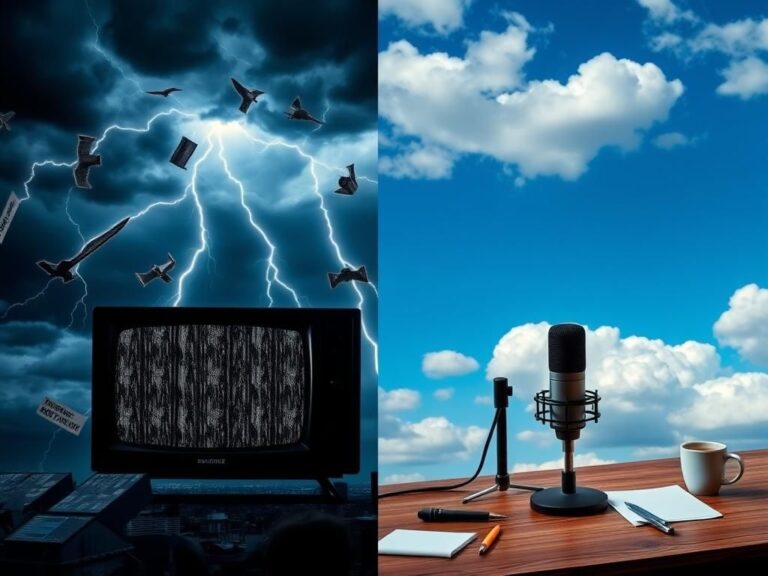 Flick International Split-screen image depicting media landscape turmoil: left side dark stormy sky symbolizing conflict, right side serene blue sky representing calm discourse
