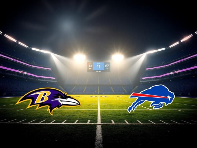 Flick International Empty vibrant stadium under night sky with Ravens and Bills logos