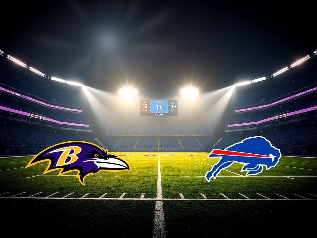 Flick International Empty vibrant stadium under night sky with Ravens and Bills logos