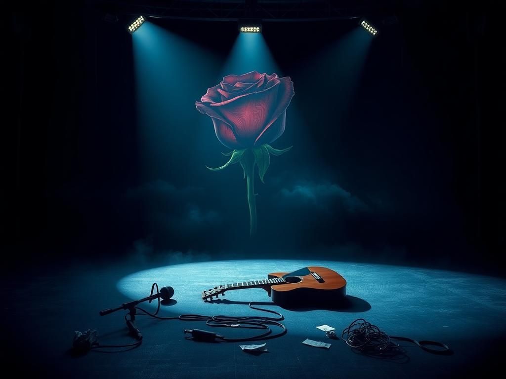 Flick International Abandoned concert stage with scattered instruments and a wilted rose backdrop