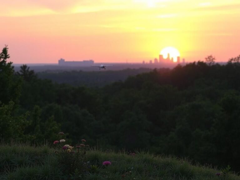 Flick International A serene North Carolina woodland at sunset with wildflowers and a silhouette of an aircraft in the background