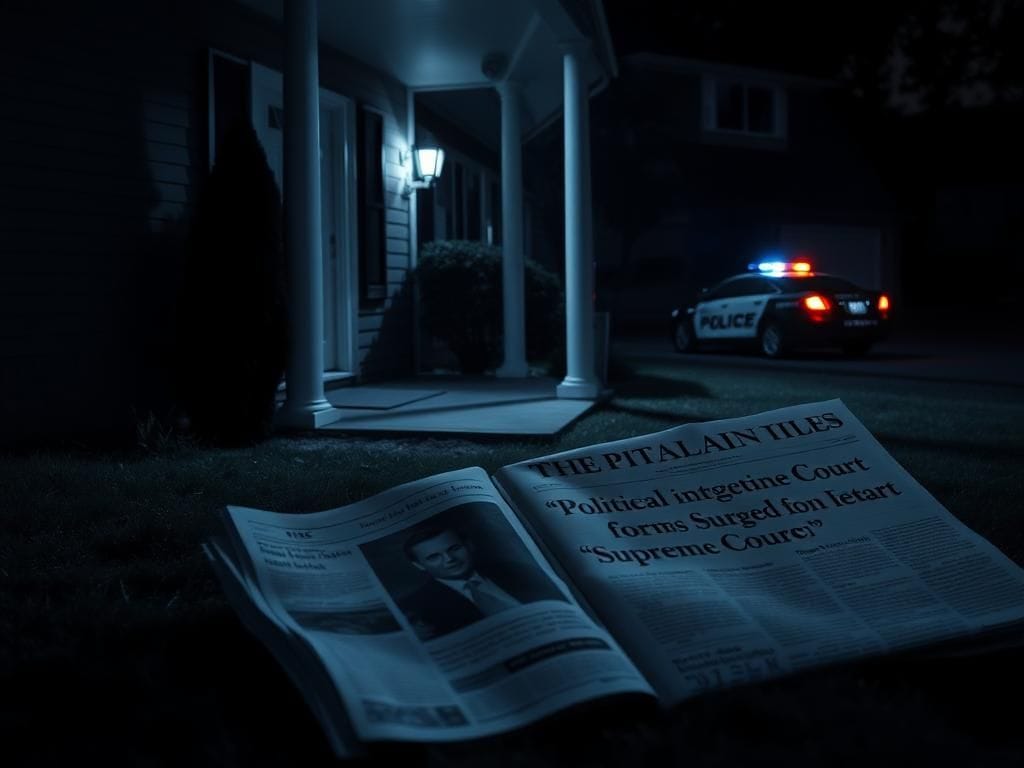 Flick International Dimly lit porch outside a suburban home, symbolizing tension and unease