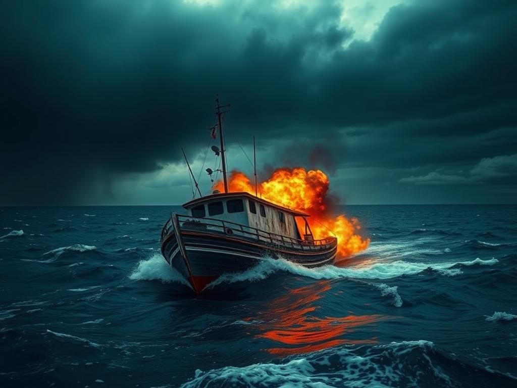 Flick International A small vessel engulfed in flames surrounded by turbulent ocean waves