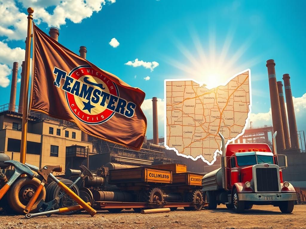 Flick International A weathered Teamsters union banner in front of a steel mill against a bright blue sky