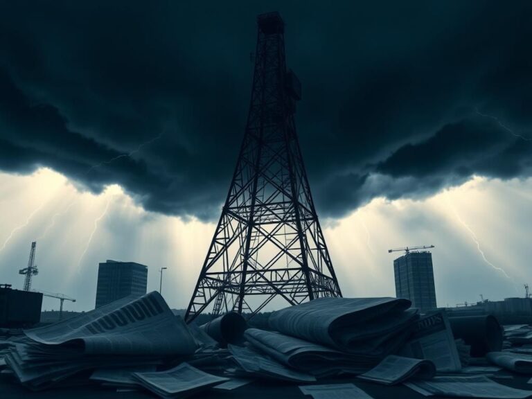 Flick International Vintage radio tower silhouetted against a stormy sky, symbolizing media censorship