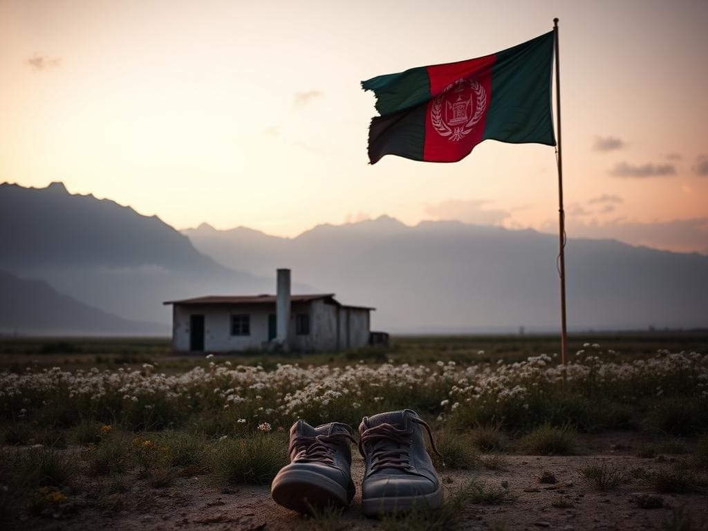 Flick International A serene Afghan landscape at dawn with Hindu Kush mountains and a charity building