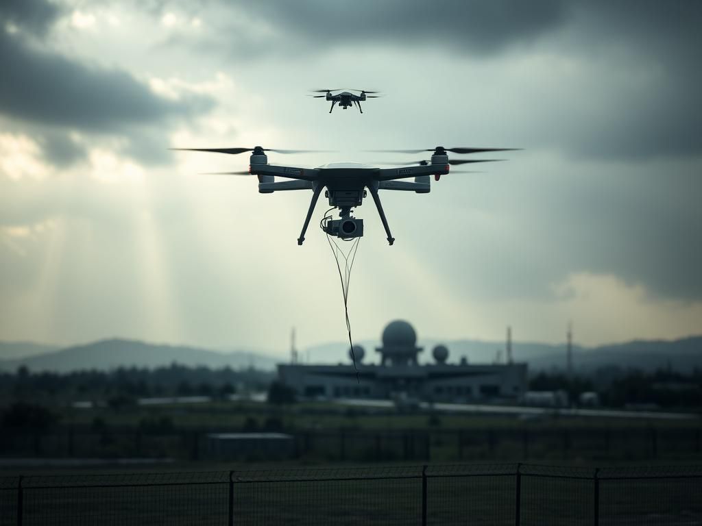 Flick International Aerial view of a military installation with a drone deploying a net to capture another drone.