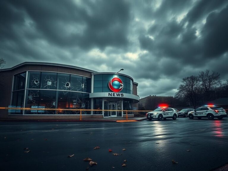 Flick International Exterior of a news station building showing shattered glass windows with bullet holes