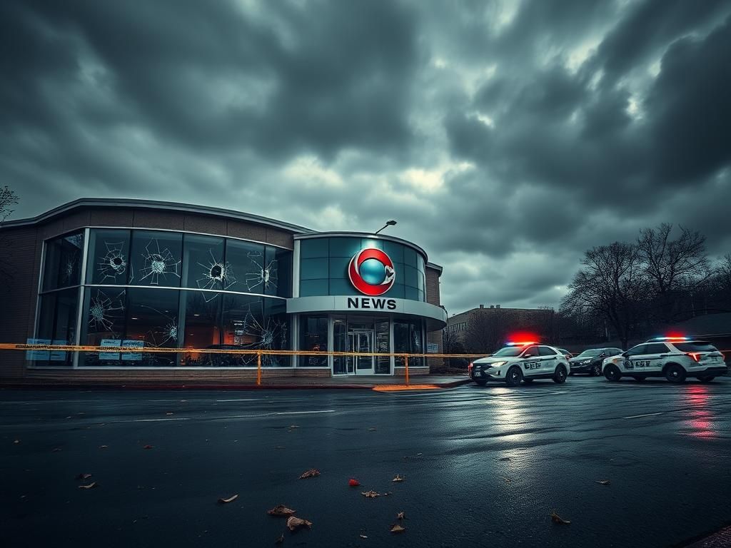 Flick International Exterior of a news station building showing shattered glass windows with bullet holes