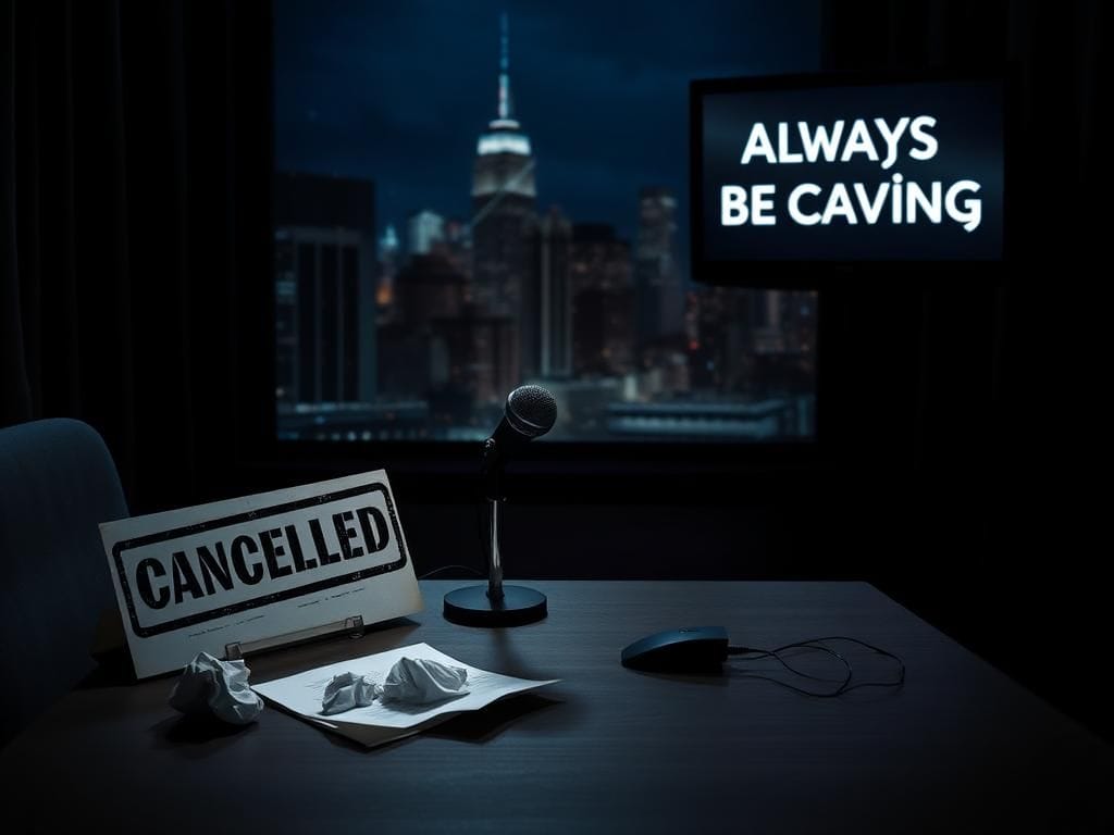 Flick International Dimly lit late-night television studio set with an empty desk and a classic microphone