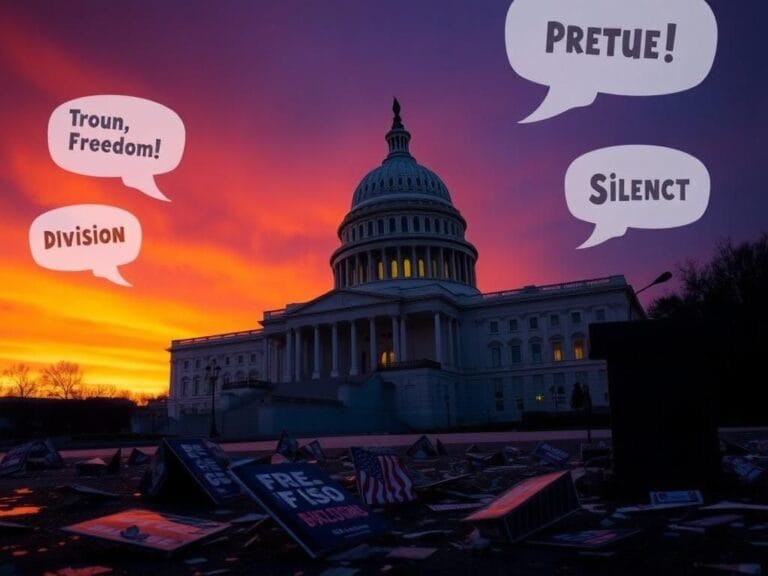 Flick International A desolate Capitol building at dusk with shattered glass and broken political signs.