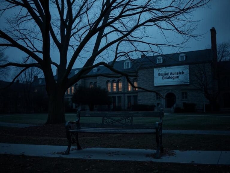 Flick International A somber university campus at dusk with a weathered wooden bench and a barren tree