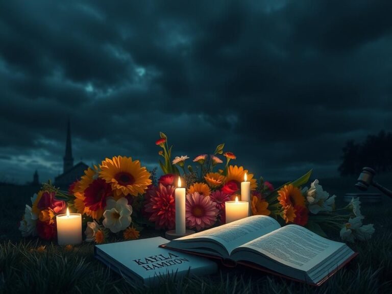 Flick International Lighted memorial for Kayla Hamilton with candles and flowers against dark skies