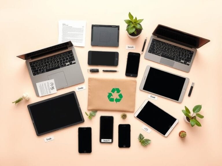 Flick International A collection of refurbished electronics including laptops, smartphones, and tablets arranged against a neutral background.