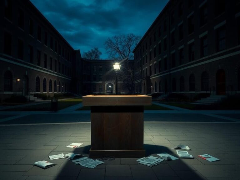 Flick International Empty university campus courtyard at dusk with a weathered podium symbolizing suppressed free speech