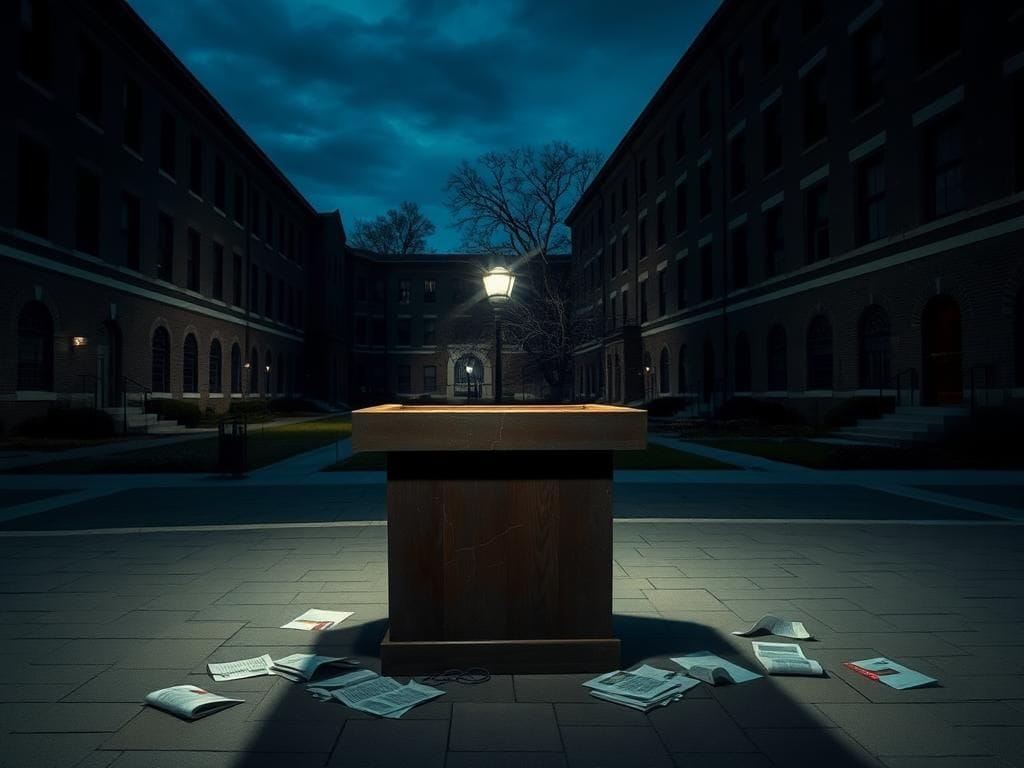 Flick International Empty university campus courtyard at dusk with a weathered podium symbolizing suppressed free speech